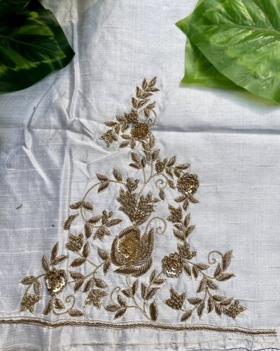 Heavy Zardozi Hand Embroidery On Neck & Buti Work All Over On White Unstitched Silk Blouse Piece