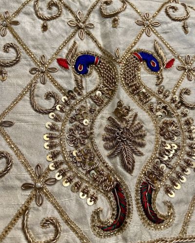 Heavy Zardozi With Bird Motif Embroidery On Gold Silk Unstitched Blouse Piece