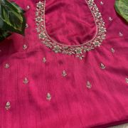 Heavy Zardozi Hand Embroidery On Neck & Buti Work On Hot Pink Unstitched Silk Blouse Piece