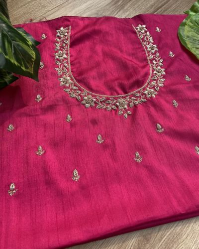 Heavy Zardozi Hand Embroidery On Neck & Buti Work On Hot Pink Unstitched Silk Blouse Piece