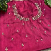 Heavy Zardozi Hand Embroidery On Neck & Buti Work On Hot Pink Unstitched Silk Blouse Piece