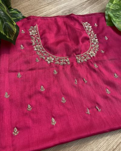 Heavy Zardozi Hand Embroidery On Neck & Buti Work On Hot Pink Unstitched Silk Blouse Piece
