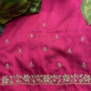 Heavy Zardozi Hand Embroidery On Neck & Buti Work On Hot Pink Unstitched Silk Blouse Piece