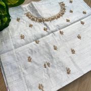 Heavy Zardozi Hand Embroidery On Neck & Buti Work On White Unstitched Silk Blouse Piece