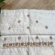 Heavy Zardozi Hand Embroidery On Neck & Buti Work On White Unstitched Silk Blouse Piece