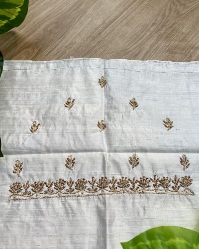 Heavy Zardozi Hand Embroidery On Neck & Buti Work On White Unstitched Silk Blouse Piece