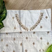 Heavy Zardozi Hand Embroidery On Neck & Buti Work On White Unstitched Silk Blouse Piece