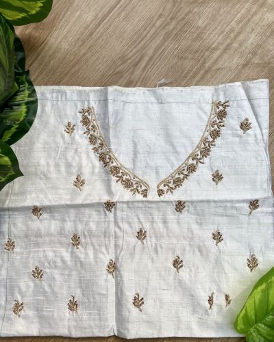 Heavy Zardozi Hand Embroidery On Neck & Buti Work On White Unstitched Silk Blouse Piece