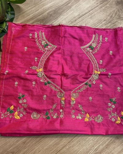 Heavy Zardozi With Floral Thread Embroidery On Pink Silk Unstitched Blouse Piece