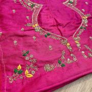 Heavy Zardozi With Floral Thread Embroidery On Pink Silk Unstitched Blouse Piece