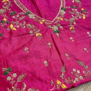 Heavy Zardozi With Floral Thread Embroidery On Pink Silk Unstitched Blouse Piece