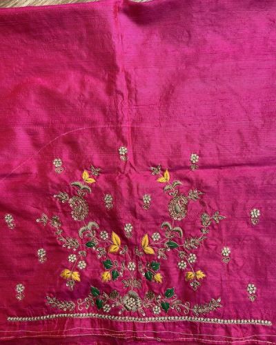 Heavy Zardozi With Floral Thread Embroidery On Pink Silk Unstitched Blouse Piece