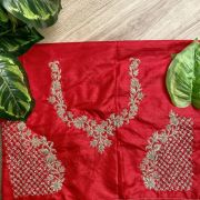 Heavy Zardozi Hand Embroidery On Neck & All Over Jaal Embroidery On Red Unstitched Silk Blouse Piece