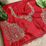 Heavy Zardozi Hand Embroidery On Neck & All Over Jaal Embroidery On Red Unstitched Silk Blouse Piece