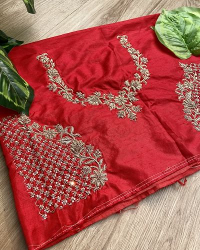 Heavy Zardozi Hand Embroidery On Neck & All Over Jaal Embroidery On Red Unstitched Silk Blouse Piece