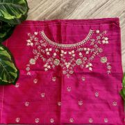 Heavy Zardozi On Neck With Floral Thread Embroidery On Hot Pink Silk Unstitched Blouse Piece