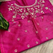 Heavy Zardozi On Neck With Floral Thread Embroidery On Hot Pink Silk Unstitched Blouse Piece