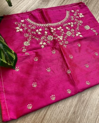 Heavy Zardozi On Neck With Floral Thread Embroidery On Hot Pink Silk Unstitched Blouse Piece