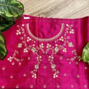 Heavy Zardozi On Neck With Floral Thread Embroidery On Hot Pink Silk Unstitched Blouse Piece