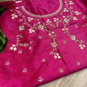 Heavy Zardozi On Neck With Floral Thread Embroidery On Hot Pink Silk Unstitched Blouse Piece