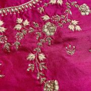 Heavy Zardozi On Neck With Floral Thread Embroidery On Hot Pink Silk Unstitched Blouse Piece