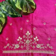 Heavy Zardozi On Neck With Floral Thread Embroidery On Hot Pink Silk Unstitched Blouse Piece