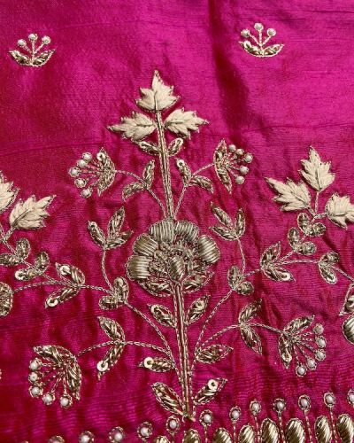 Heavy Zardozi On Neck With Floral Thread Embroidery On Hot Pink Silk Unstitched Blouse Piece