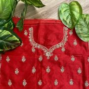 Heavy Zardozi Hand Embroidery On Neck & Buti Work On Red Unstitched Silk Blouse Piece