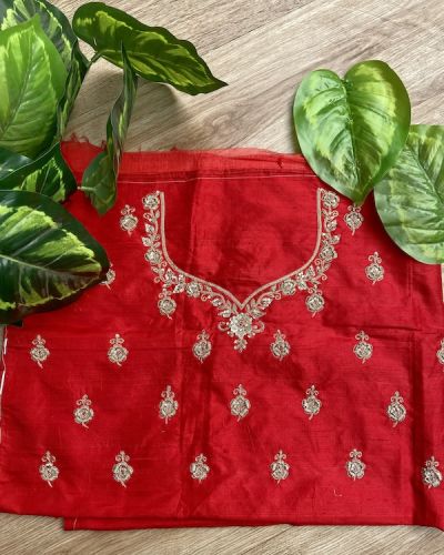 Heavy Zardozi Hand Embroidery On Neck & Buti Work On Red Unstitched Silk Blouse Piece