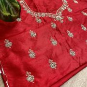 Heavy Zardozi Hand Embroidery On Neck & Buti Work On Red Unstitched Silk Blouse Piece