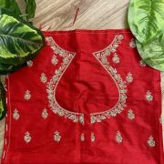 Heavy Zardozi Hand Embroidery On Neck & Buti Work On Red Unstitched Silk Blouse Piece