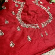 Heavy Zardozi Hand Embroidery On Neck & Buti Work On Red Unstitched Silk Blouse Piece