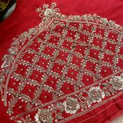 Heavy Zardozi Hand Embroidery On Neck & Buti Work On Red Unstitched Silk Blouse Piece