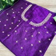 Heavy Zardozi Hand Embroidery On Neck & Buti Work All Over On Purple Unstitched Silk Blouse Piece