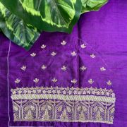 Heavy Zardozi Hand Embroidery On Neck & Buti Work All Over On Purple Unstitched Silk Blouse Piece