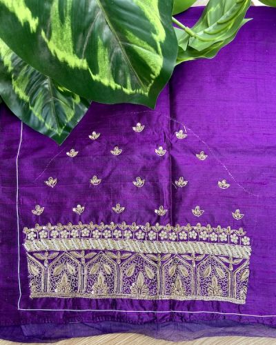 Heavy Zardozi Hand Embroidery On Neck & Buti Work All Over On Purple Unstitched Silk Blouse Piece