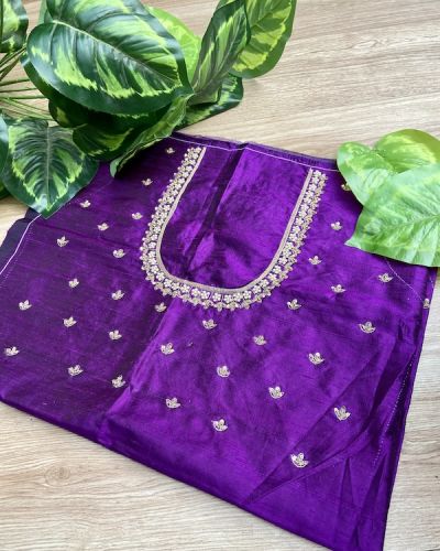 Heavy Zardozi Hand Embroidery On Neck & Buti Work All Over On Purple Unstitched Silk Blouse Piece