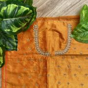 Heavy Zardozi Hand Embroidery On Neck & Buti Work All Over On Orange Unstitched Silk Blouse Piece