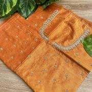 Heavy Zardozi Hand Embroidery On Neck & Buti Work All Over On Orange Unstitched Silk Blouse Piece