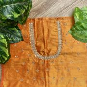 Heavy Zardozi Hand Embroidery On Neck & Buti Work All Over On Orange Unstitched Silk Blouse Piece