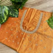 Heavy Zardozi Hand Embroidery On Neck & Buti Work All Over On Orange Unstitched Silk Blouse Piece