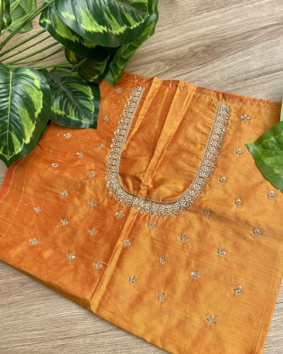 Heavy Zardozi Hand Embroidery On Neck & Buti Work All Over On Orange Unstitched Silk Blouse Piece