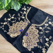 Heavy Zardozi Sequin Embroidery With Peacock Motif Embroidery On Black Silk Unstitched Blouse Piece