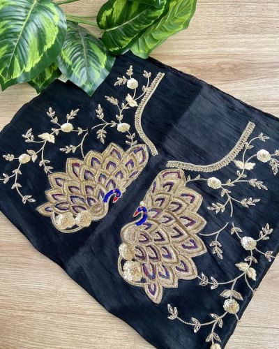 Heavy Zardozi Sequin Embroidery With Peacock Motif Embroidery On Black Silk Unstitched Blouse Piece