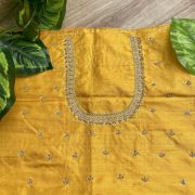 Heavy Zardozi Hand Embroidery On Neck & Buti Work All Over On Yellow Unstitched Silk Blouse Piece