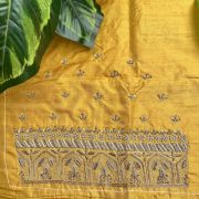 Heavy Zardozi Hand Embroidery On Neck & Buti Work All Over On Yellow Unstitched Silk Blouse Piece