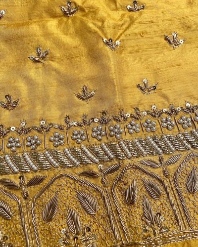 Heavy Zardozi Hand Embroidery On Neck & Buti Work All Over On Yellow Unstitched Silk Blouse Piece