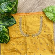 Heavy Zardozi Hand Embroidery On Neck & Buti Work All Over On Yellow Unstitched Silk Blouse Piece