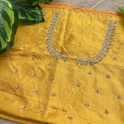 Heavy Zardozi Hand Embroidery On Neck & Buti Work All Over On Yellow Unstitched Silk Blouse Piece