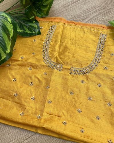 Heavy Zardozi Hand Embroidery On Neck & Buti Work All Over On Yellow Unstitched Silk Blouse Piece